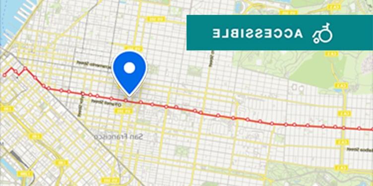 Map of Muni transit near U C S F Daniel Burnham Court, located on the 38 Geary route running from downtown to the Richmond District, with the closest stop at Geary Boulevard and Van Ness Avenue or O’Farrell Street and Van Ness Avenue.